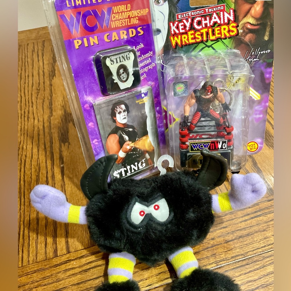 Collectors’ WCW/NWO Sting talking keychain & pin cards & Silly Slammer wrestler
